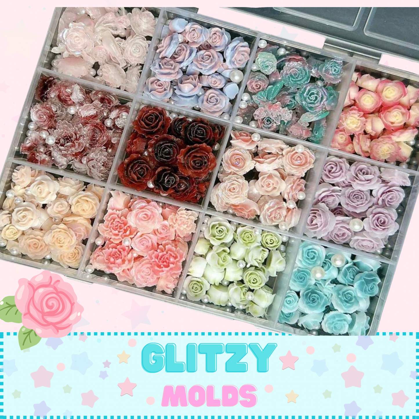 Mini rosas de resina 3D, colores variados, caja de 12 cuadrículas