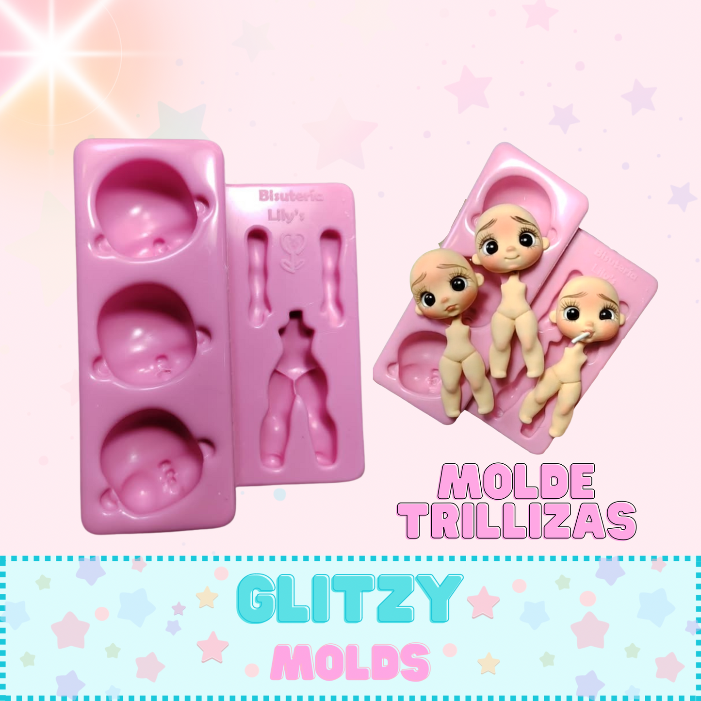 Triplets Mold, Doll Applique Silicone Mold, Bisutería Lily's BL-Triplets-170