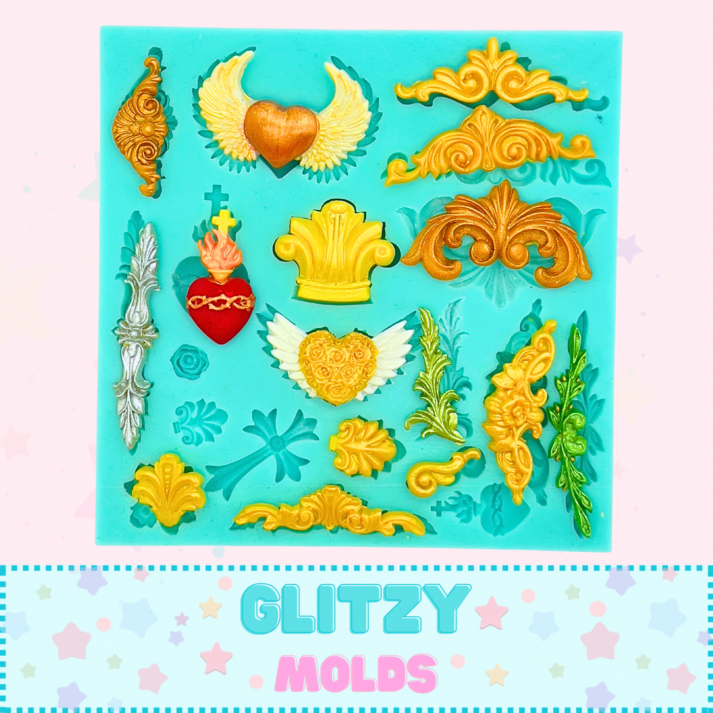 Accesorios para tocado de Catrina 2, formas y figuras para penachos, molde de silicon, colaboración de Yuya's by Brenda Muñiz X Glitzy Molds YBM-