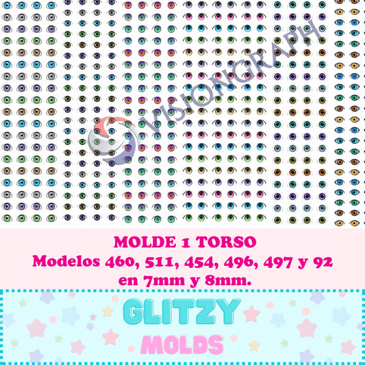 3D Eye Decals, MOLDE 1 TORSO, Style 460, 511, 454, 496, 497 y 92 , Sizes 7mm & 8mm, 11X17 INCHES SHEET