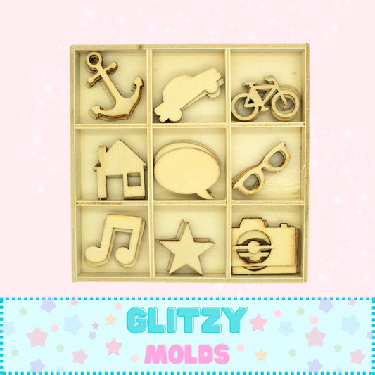 36 Piece Mini Accessories Box, MDF Wood Ornaments, Travel Theme