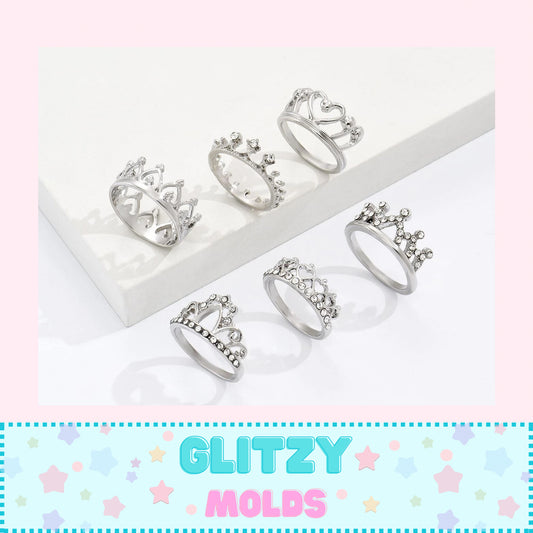 6 piece Silver Crown Rings, Set de 6 Anillos de Coronita para Apliques CR-1